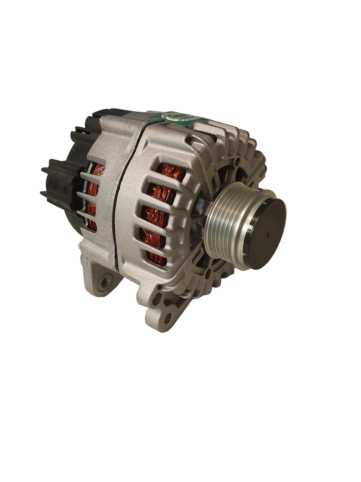 A Remanufactured automotive alternator with a silver aluminum housing, black plastic end caps, copper windings visible inside, and a ribbed silver pulley.