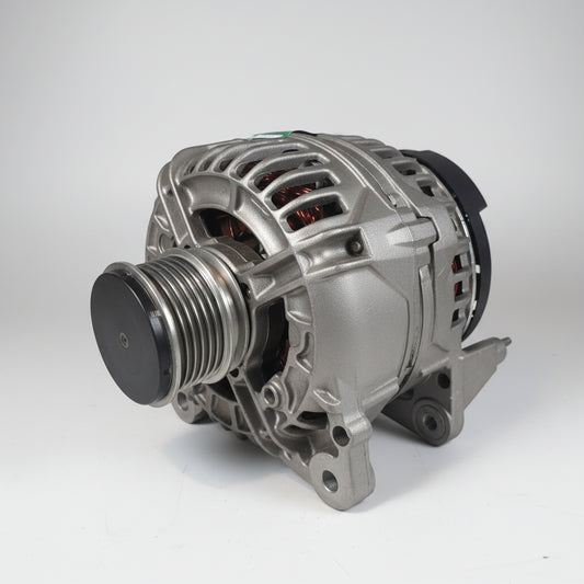 A Remanufactured automotive alternator with a ribbed silver metal housing, a black pulley on the front, and internal copper windings visible through the cooling fins, photographed on a white surface.
