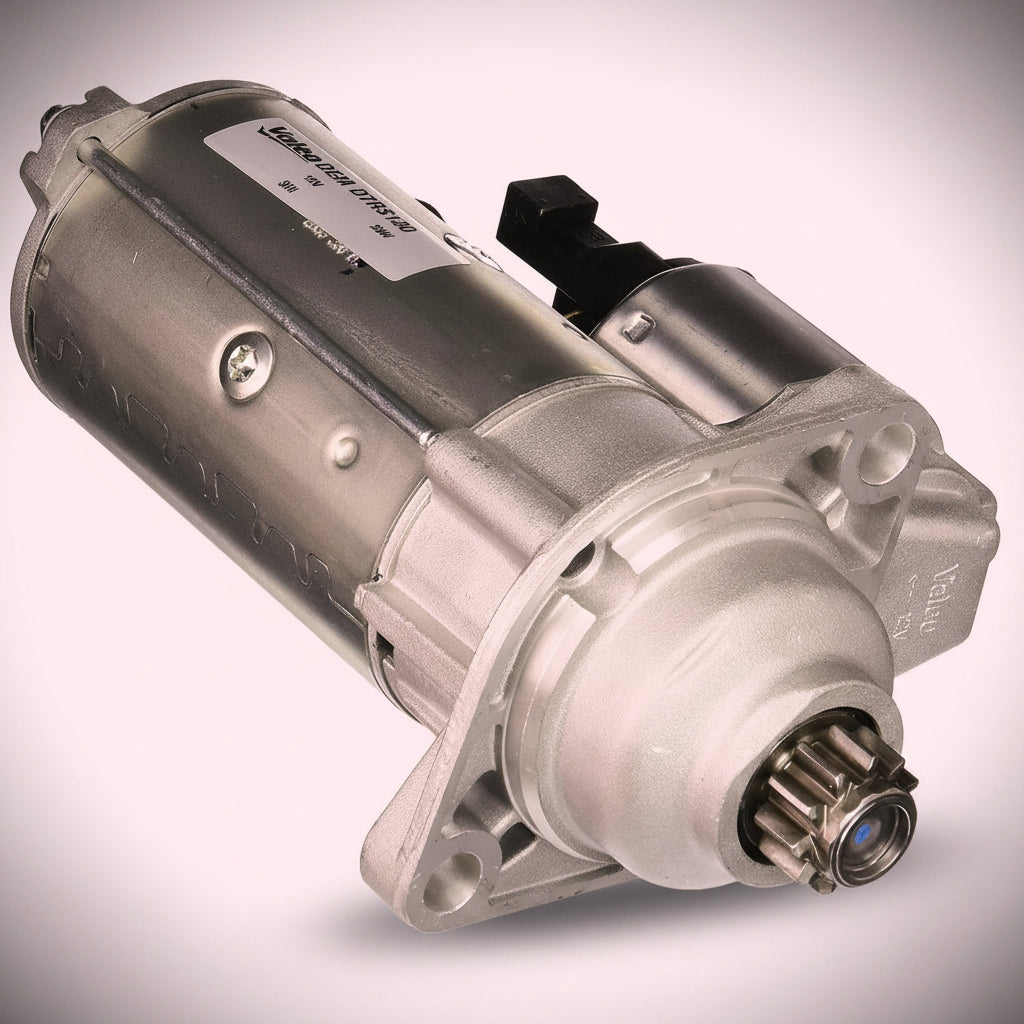 A silver metallic automotive starter motor with a black terminal connector and a metal splined output shaft, shown on a light pinkish-gray gradient background.